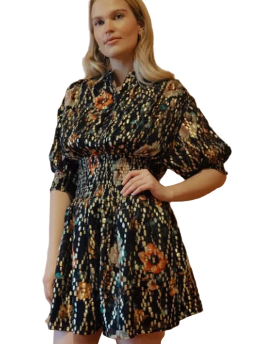 NWT NEVER A WALLFLOWER Cynthia Black/Gold Floral Smocked Waist Mini Dress Sz S
